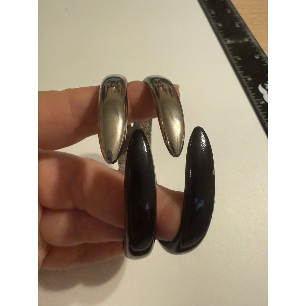 Vintage Two Tone‎ Silver and Black Enamel Hinged Bypass Cuff Bracelet Statement